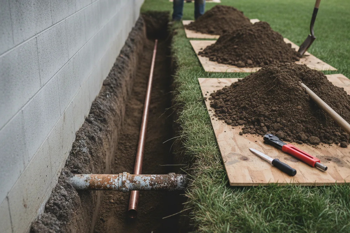 Excavated water line trench during Sewer Line Repair in Lyons